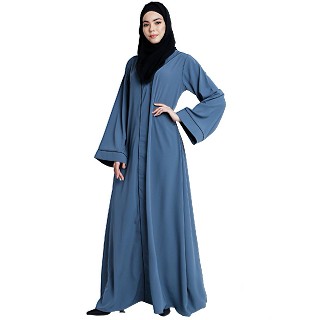 Front open abaya with piping work- French Blue